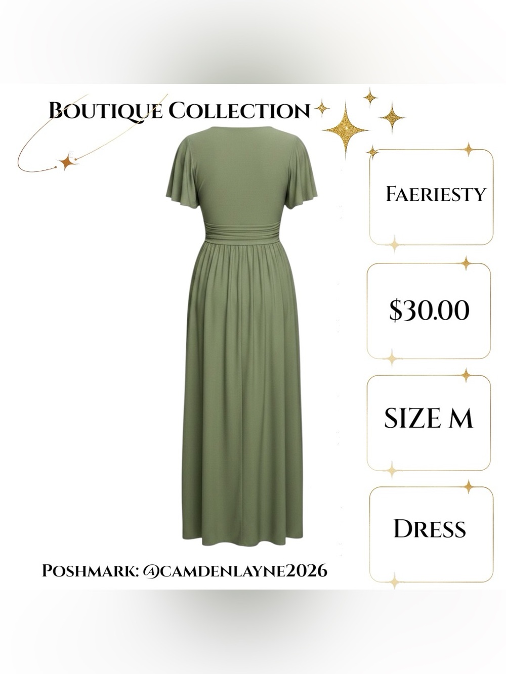 Green Maxi Dress with Flutter Sleeves and V-Neck - Picture 4 of 7